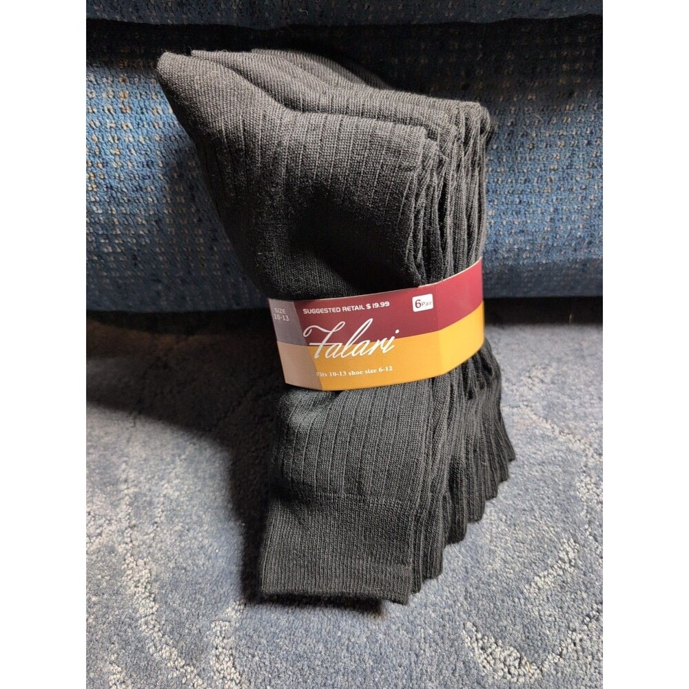 Falari 6 Pairs Men's Black Dress Socks Size 10-13 Rib Solid Crew Shoe Sz 6-12